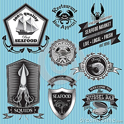 Set of labels on the topic seafood Vector Illustration