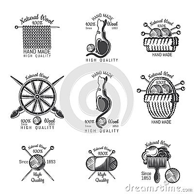 Set of labels wool knitting product. Logo for knitted craft related site Vector Illustration