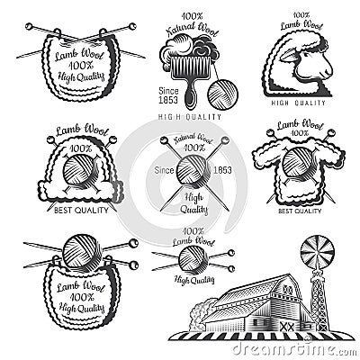 Set of labels wool sheep farm with yarn ball. Logo for knitted craft related site Vector Illustration