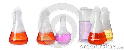 Set of laboratory flasks and beaker with colorful liquids on white background. Chemical reaction Stock Photo