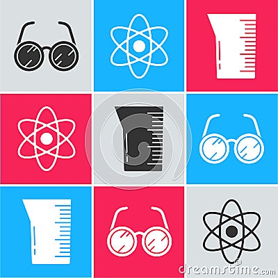 Set Laboratory glasses, Atom and Laboratory glassware or beaker icon. Vector Vector Illustration