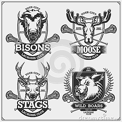 Set of lacrosse badges, labels and design elements. Sport club emblems with deer, bison, elk and wild boar. Print design for t-shi Vector Illustration