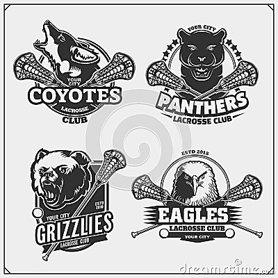Set of lacrosse badges, labels and design elements. Sport club emblems with grizzly bear, panther, coyote and eagle. Vector Illustration