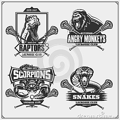 Set of lacrosse badges, labels and design elements. Sport club emblems with lion, cobra, raptor dinosaur and scorpion. Vector Illustration