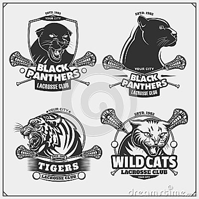 Set of lacrosse emblems, badges, logos and labels with tiger, panther and wildcat. Vector Illustration