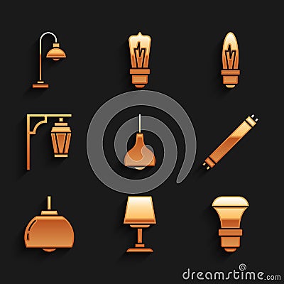 Set Lamp hanging, Table lamp, LED light bulb, Fluorescent, Chandelier, Vintage street, Light and Floor icon. Vector Vector Illustration