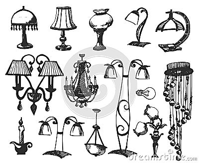 Set lamps isolated on white background. Vector illustration in a sketch style. Vector Illustration