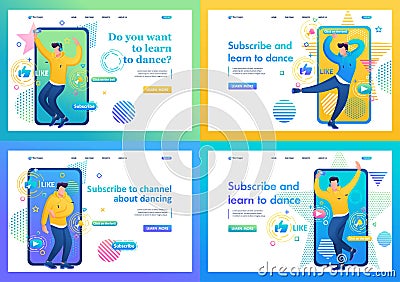 Set of Landing page about channels with dance training for young people. Subscribe and learn to dance. I`ll teach you to dance Vector Illustration