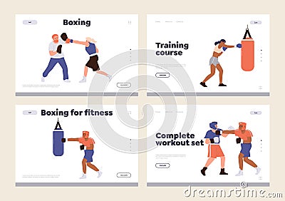 Set of landing page design template advertising online boxing school or training class for sportsman Vector Illustration