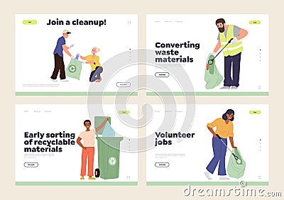 Set of landing page design template for online volunteering service caring for street cleanness Vector Illustration