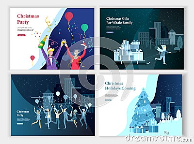 Set of Landing page template or greeting card. Friend or colleagues celebrates Merry Christmas, Happy New Year corporate Vector Illustration
