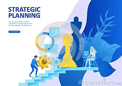 Set Landing page template people business scheduling app, strategic planning merger, investment strategies, career Vector Illustration