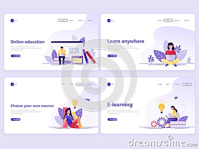 Set of Landing page templates. Distance education, online courses, e-learning, tutorials. Flat vector illustration concepts for a Cartoon Illustration