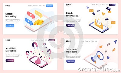 Set of landing page templates for email marketing, digital marketing, ecommerce, social media marketing, social network, business, Cartoon Illustration