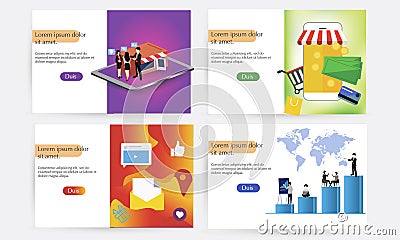 A set of landing page templates for online purchases, digital marketing, teamwork, business strategy. Modern concepts Vector Illustration
