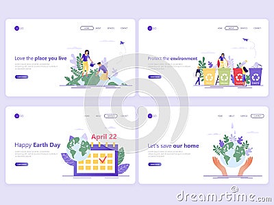 Set of Landing page templates. Save the planet, Happy Earth Day, save energy, ecology, world environment day concept. Flat vector Cartoon Illustration