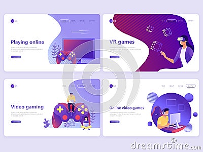 Set of Landing page templates. Video gaming, online games, VR gaming, gamepad. Flat vector illustration concepts for a web page or Cartoon Illustration