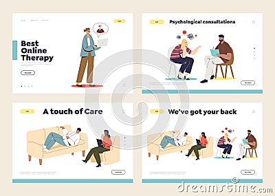 Set of landing pages with psychologist consultation concept, psychotherapist listening to patients Vector Illustration