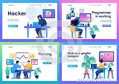 Set of landing pages with a workplace for creative people, designers, programmers, hackers Vector Illustration
