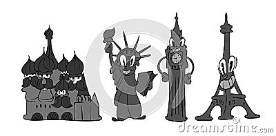 A set of landmarks,the Kremlin,the Statue of Liberty,Eiffel big Ben vintage toons: funny character, vector illustration Vector Illustration