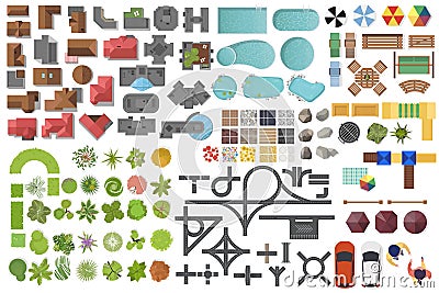 Set Landscape elements, top view. House, garden, tree, lake, swimming pools, bench, road, cars, people. Landscaping symbols set Vector Illustration