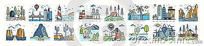 Set of landscape icons or symbols. Collection of beautiful natural sceneries - beach, forest camp, countryside, desert Vector Illustration