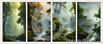 Set of landscapes. Coniferous wood hills with mountains and river, vector Vector Illustration