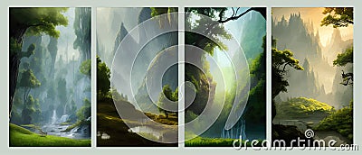 Set of landscapes. Coniferous wood hills with mountains and river, vector Vector Illustration