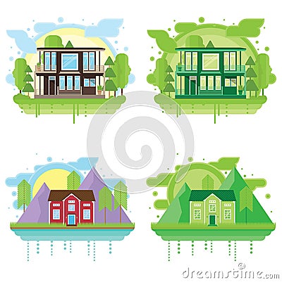 Set of landscapes with modern houses. Family home or tourist house in flat design. Green silhouette. Eco illustration Cartoon Illustration