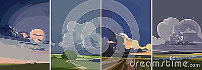 Set of landscapes with thunderstorm. Vector Illustration