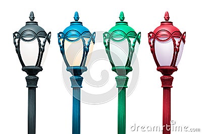 Set of lanterns of city lights in different colors on isolated white background. Mock up elements easy to extract overlay Stock Photo