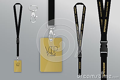 Set of lanyard and badge. Design example vip pass. Badge credit Vector Illustration