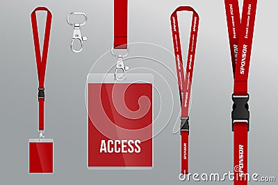 Set of lanyard and badge. Metal piece. Plastic badge. Template f Vector Illustration