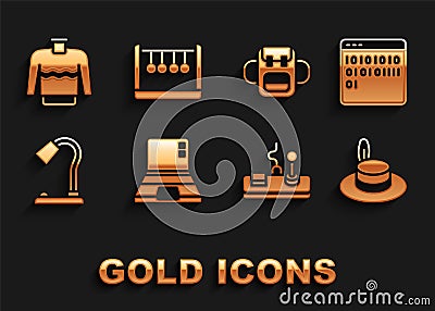 Set Laptop, Binary code, Man hat, Gamepad, Table lamp, School backpack, Sweater and Pendulum icon. Vector Vector Illustration