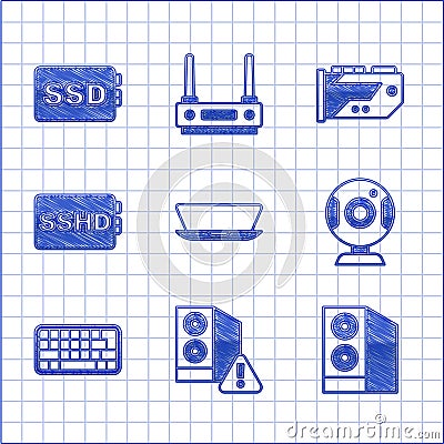 Set Laptop, Case of computer, Web camera, Keyboard, SSHD card, Video graphic and SSD icon. Vector Vector Illustration