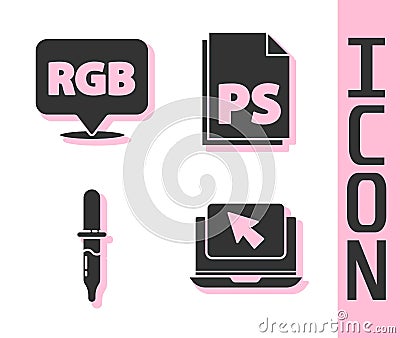 Set Laptop and cursor, Speech bubble with RGB and CMYK, Pipette and PS File document icon. Vector Vector Illustration