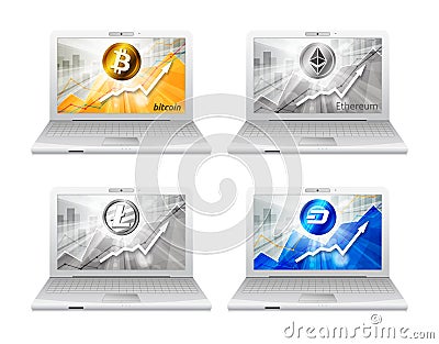 Set of laptop with different cryptocurrency in the bright rays o Vector Illustration