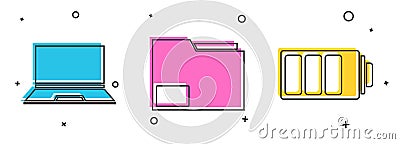 Set Laptop, Document folder and Battery charge level indicator icon. Vector Vector Illustration