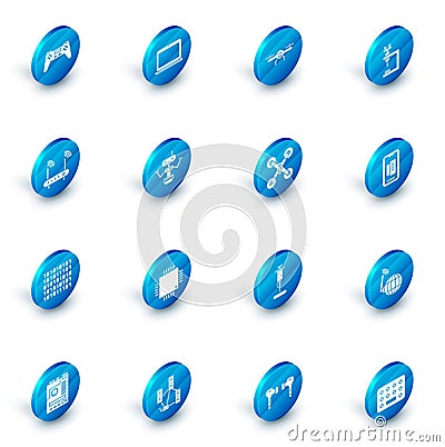 Set Laptop, Drone flying, Microscope, Router and wi-fi signal, Binary code, Robot, Smartphone, mobile phone and icon Vector Illustration