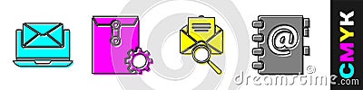 Set Laptop with envelope, Envelope setting, Envelope with magnifying glass and Address book icon. Vector Vector Illustration