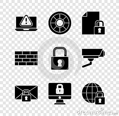 Set Laptop with exclamation mark, Safe, Document and lock, Mail message password, Lock computer monitor, Global lockdown Stock Photo