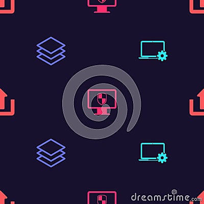 Set Laptop and gear, Layers, Monitor shield and Upload on seamless pattern. Vector Vector Illustration