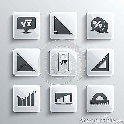 Set Laptop with graph chart, Protractor, Triangular ruler, Square root of x glyph, Graph, schedule, diagram, Angle Stock Photo