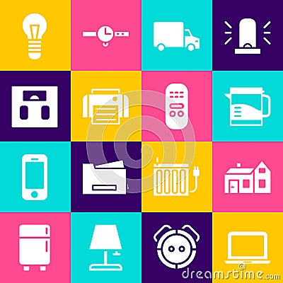 Set Laptop, House, Electric kettle, Delivery cargo truck, Printer, Bathroom scales, Light bulb and Remote control icon Vector Illustration
