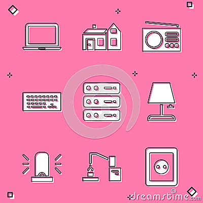 Set Laptop, House, Radio, Keyboard, Server, Data, Web Hosting, Table lamp, Flasher siren and Robotic robot arm hand Vector Illustration