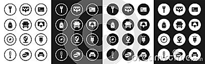 Set Laptop with location marker, Car, key remote, Map pointer taxi, Scooter and Compass icon. Vector Stock Photo