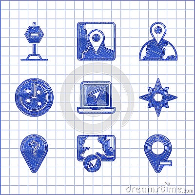 Set Laptop with location marker, City map navigation, Location, Wind rose, Unknown route point, Radar targets monitor Vector Illustration