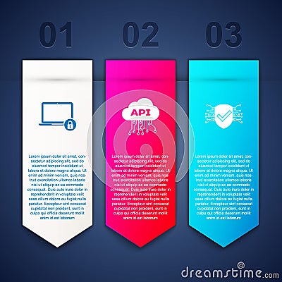 Set Laptop and lock, Cloud api interface and Cyber security. Business infographic template. Vector Vector Illustration