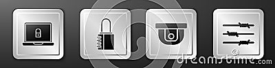 Set Laptop and lock, Safe combination lock, Motion sensor and Barbed wire icon. Silver square button. Vector Vector Illustration
