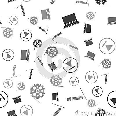 Set Laptop, Pencil with eraser, Fast forward and Film reel on seamless pattern. Vector Vector Illustration